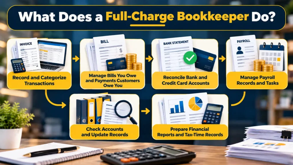 Infographic which is showing What Does a Full-Charge Bookkeeper Do? 